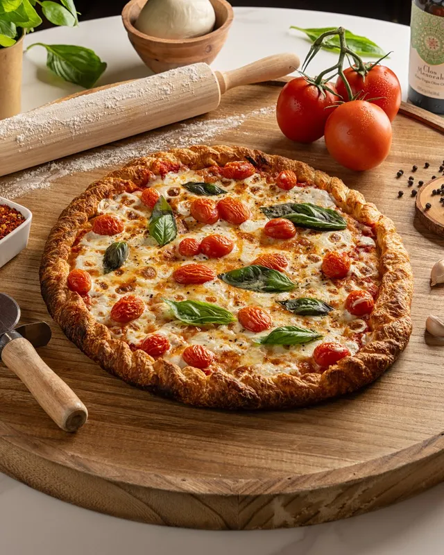 Margherita Crozza on a wooden board: cherry tomatoes and basil over melted mozzarella