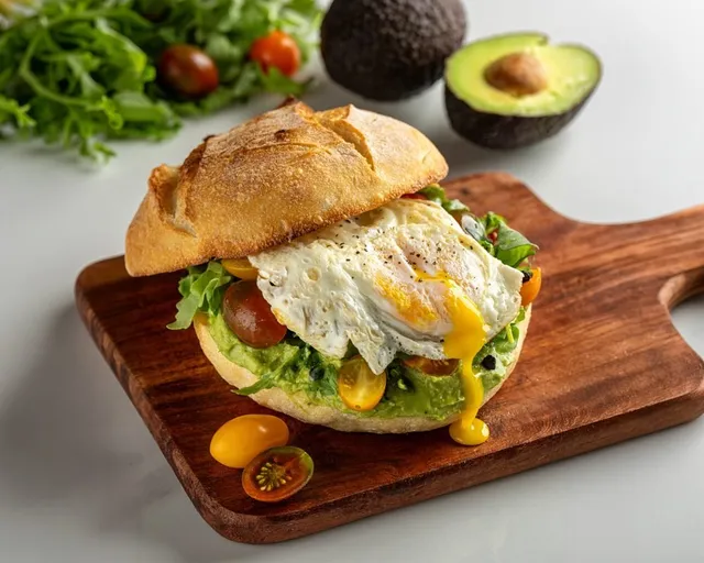 Avocado and fried egg sandwich on a wooden board