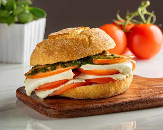 Tomato and mozzarella sandwich on a board